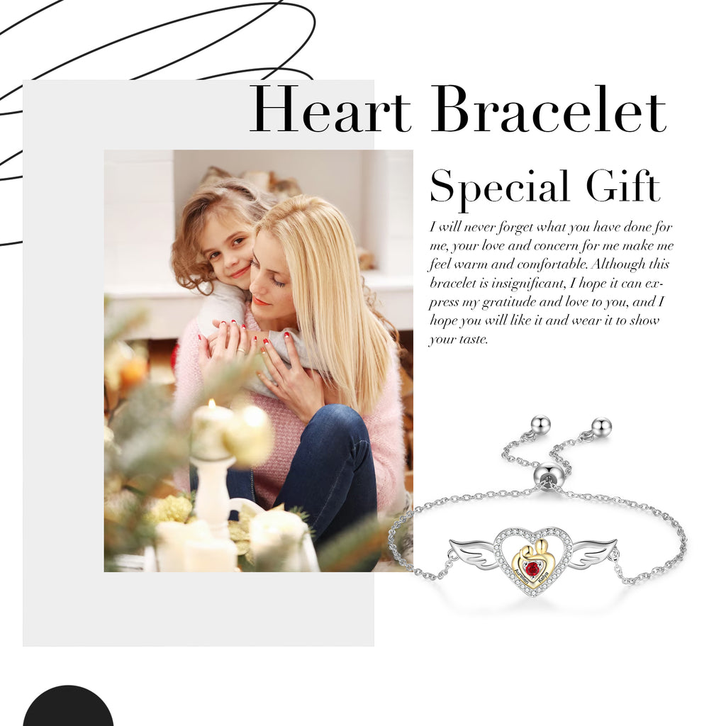 Custom Mother and Child Heart Bracelet with Angel Wing