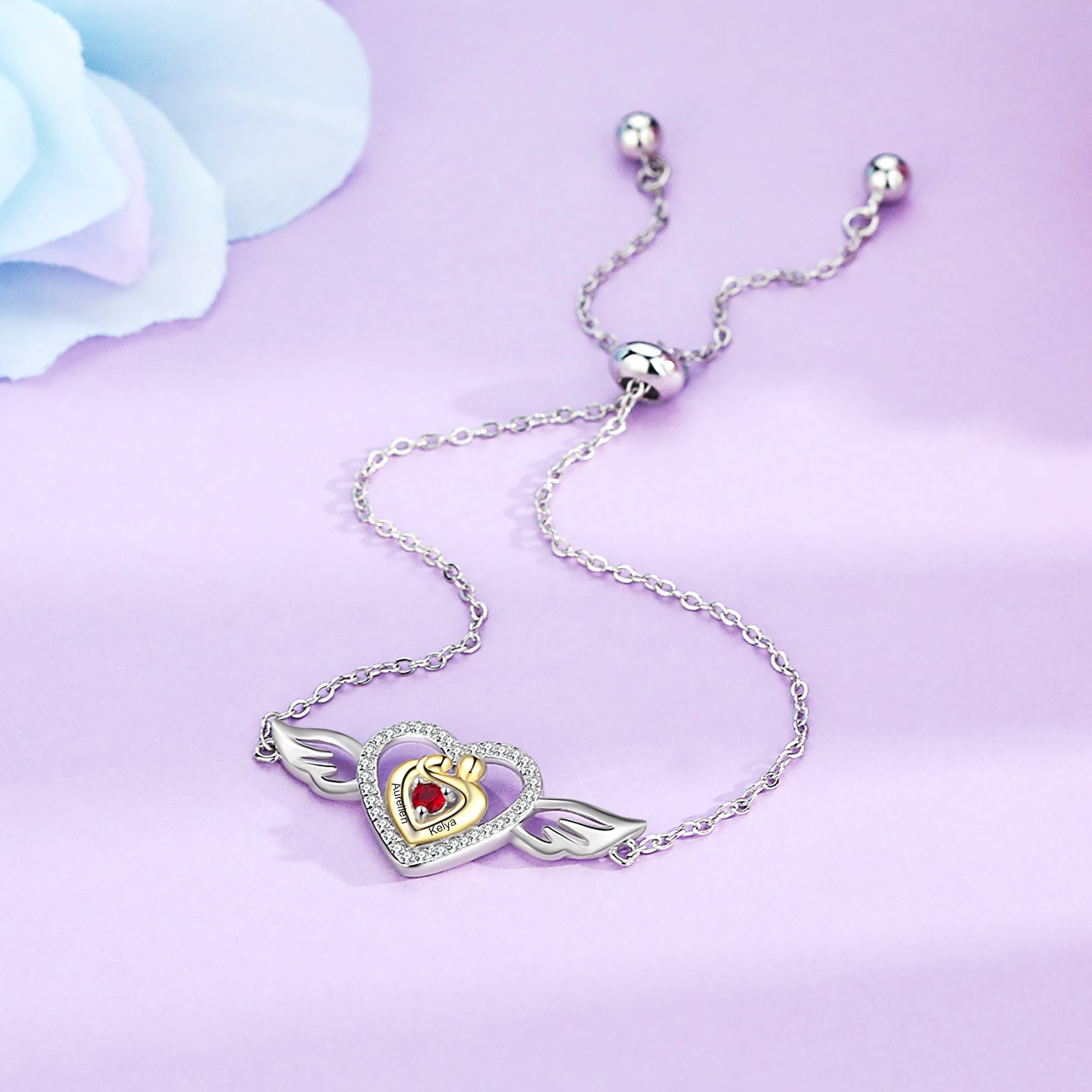 Custom Mother and Child Heart Bracelet with Angel Wing