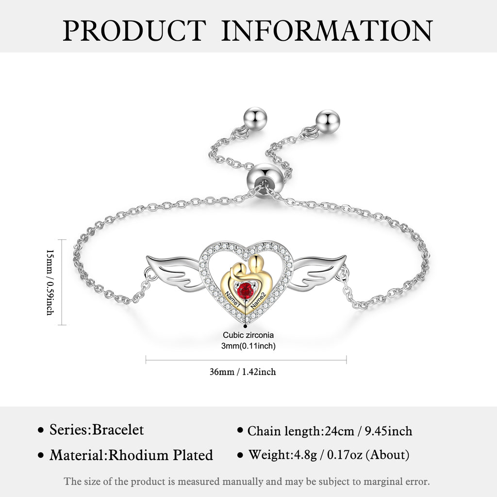 Custom Mother and Child Heart Bracelet with Angel Wing