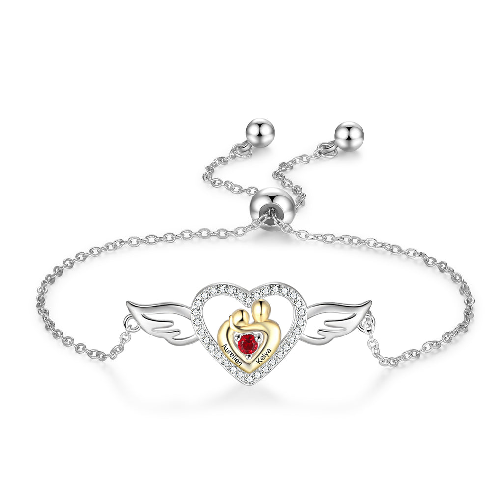 Custom Mother and Child Heart Bracelet with Angel Wing