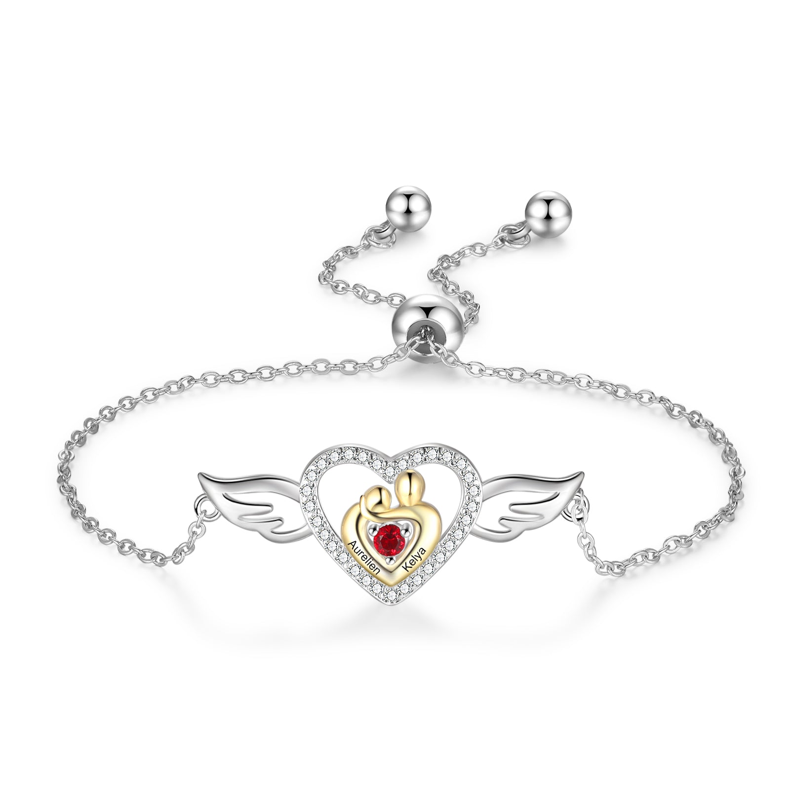 Custom Mother and Child Heart Bracelet with Angel Wing