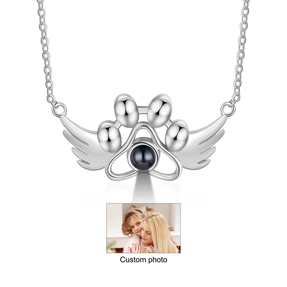 Personalized Photo Projection Paw Necklace with Angel Wing