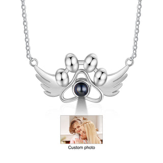 Personalized Photo Projection Paw Necklace with Angel Wing