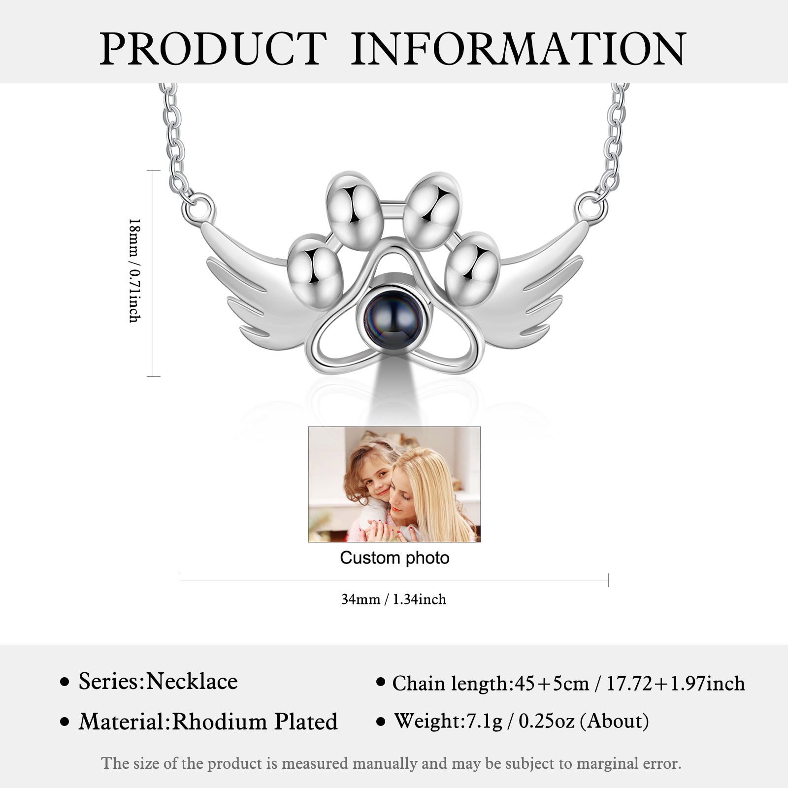 Personalized Photo Projection Paw Necklace with Angel Wing