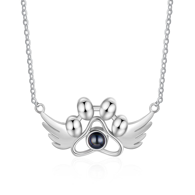 Personalized Photo Projection Paw Necklace with Angel Wing