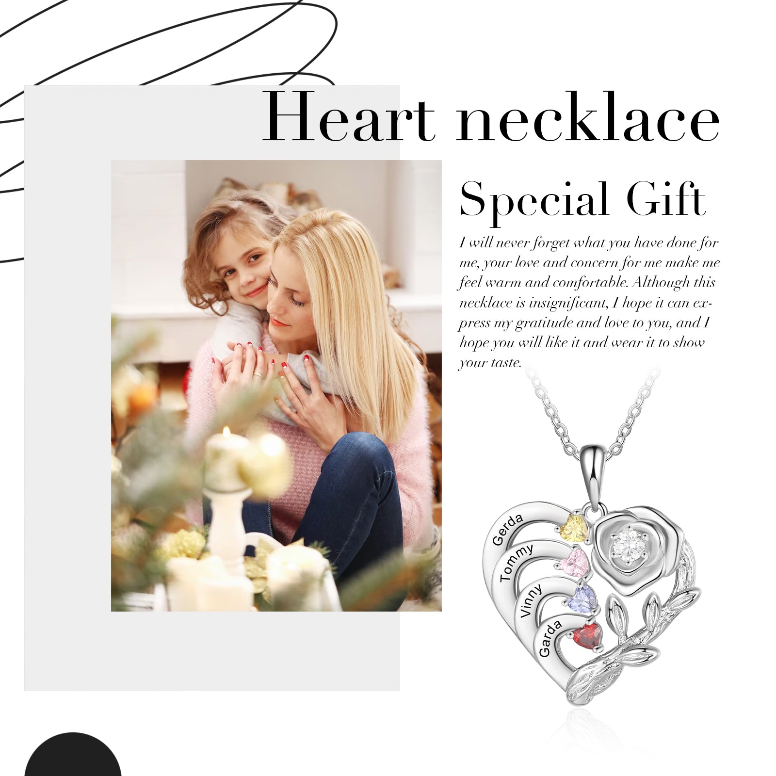 Custom Rose Flower and Heart Necklace