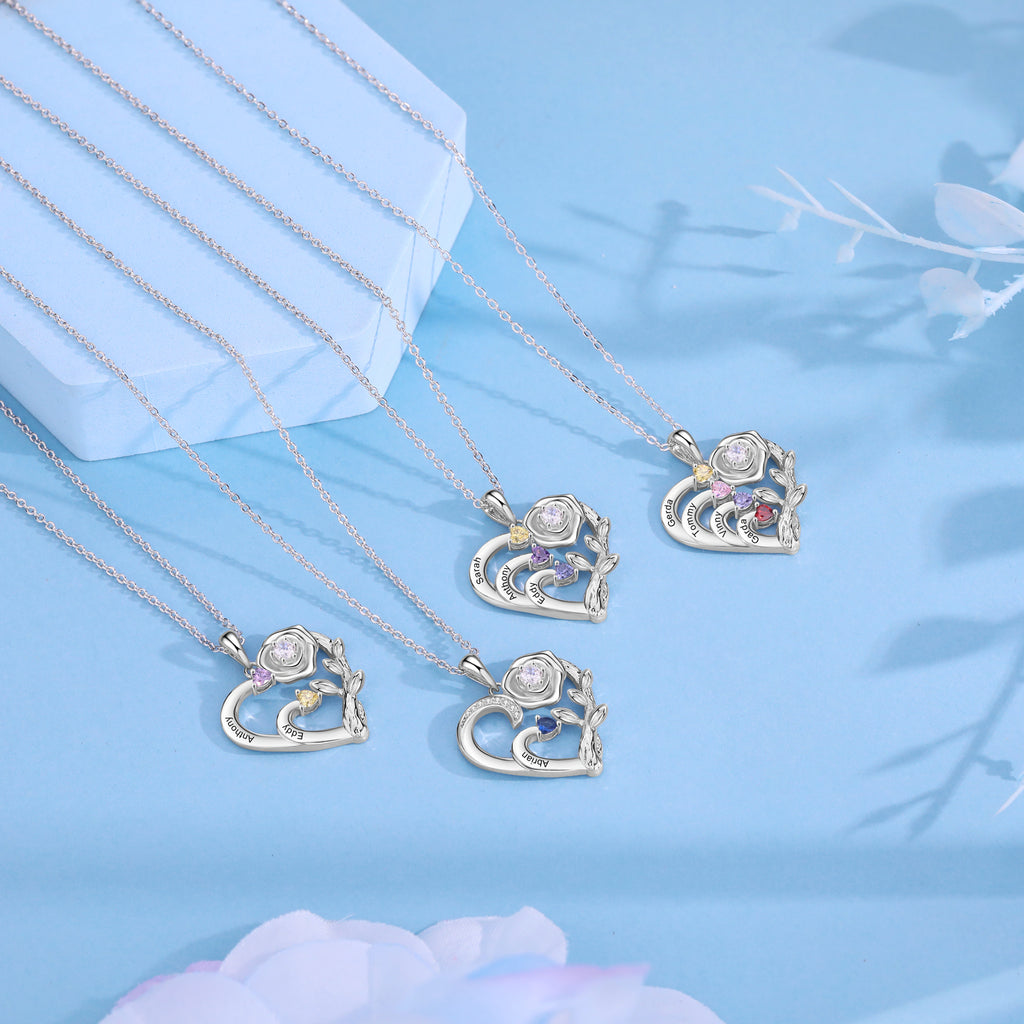Custom Rose Flower and Heart Necklace