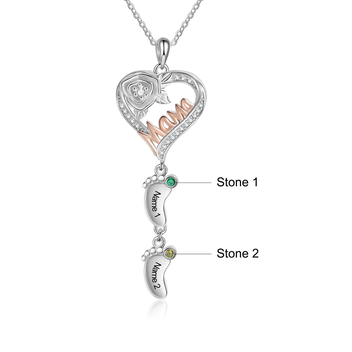 Custom Mama and Heart Necklace with Baby Feet