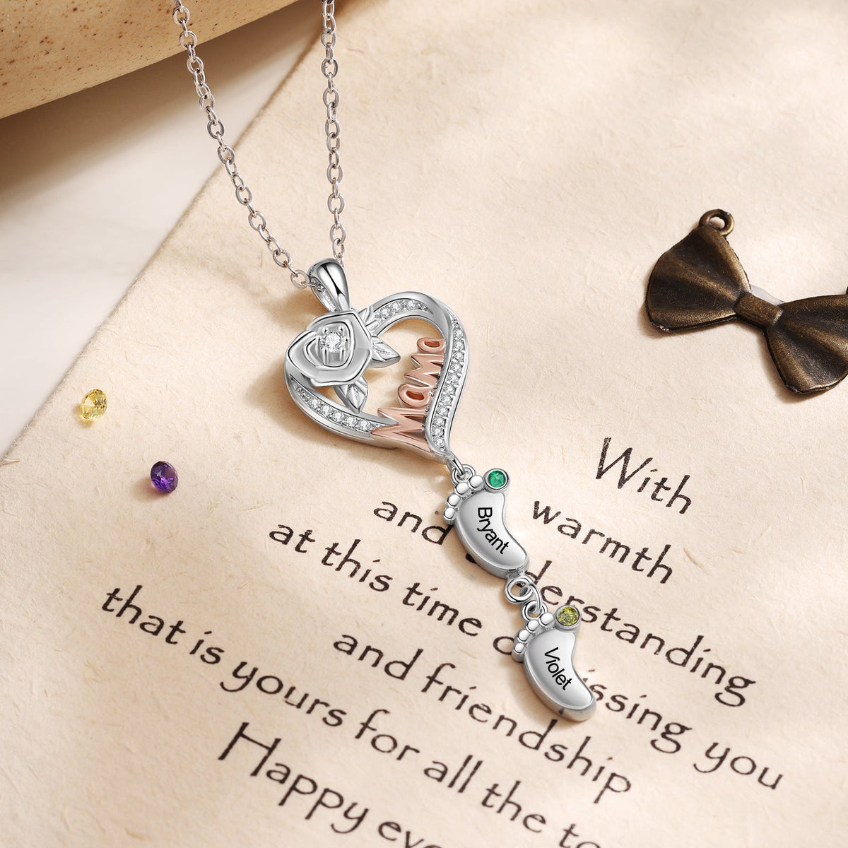 Custom Mama and Heart Necklace with Baby Feet