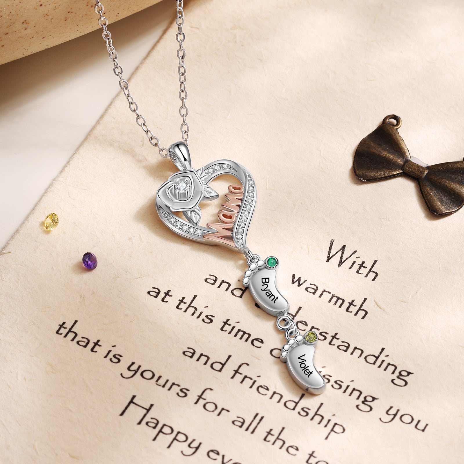 Custom Mama and Heart Necklace with Baby Feet