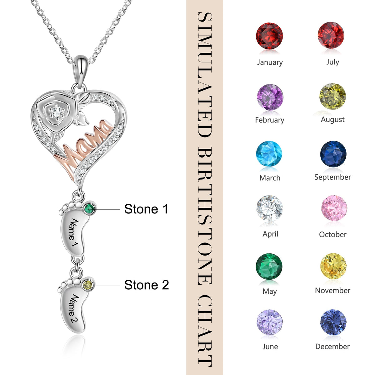 Custom Mama and Heart Necklace with Baby Feet
