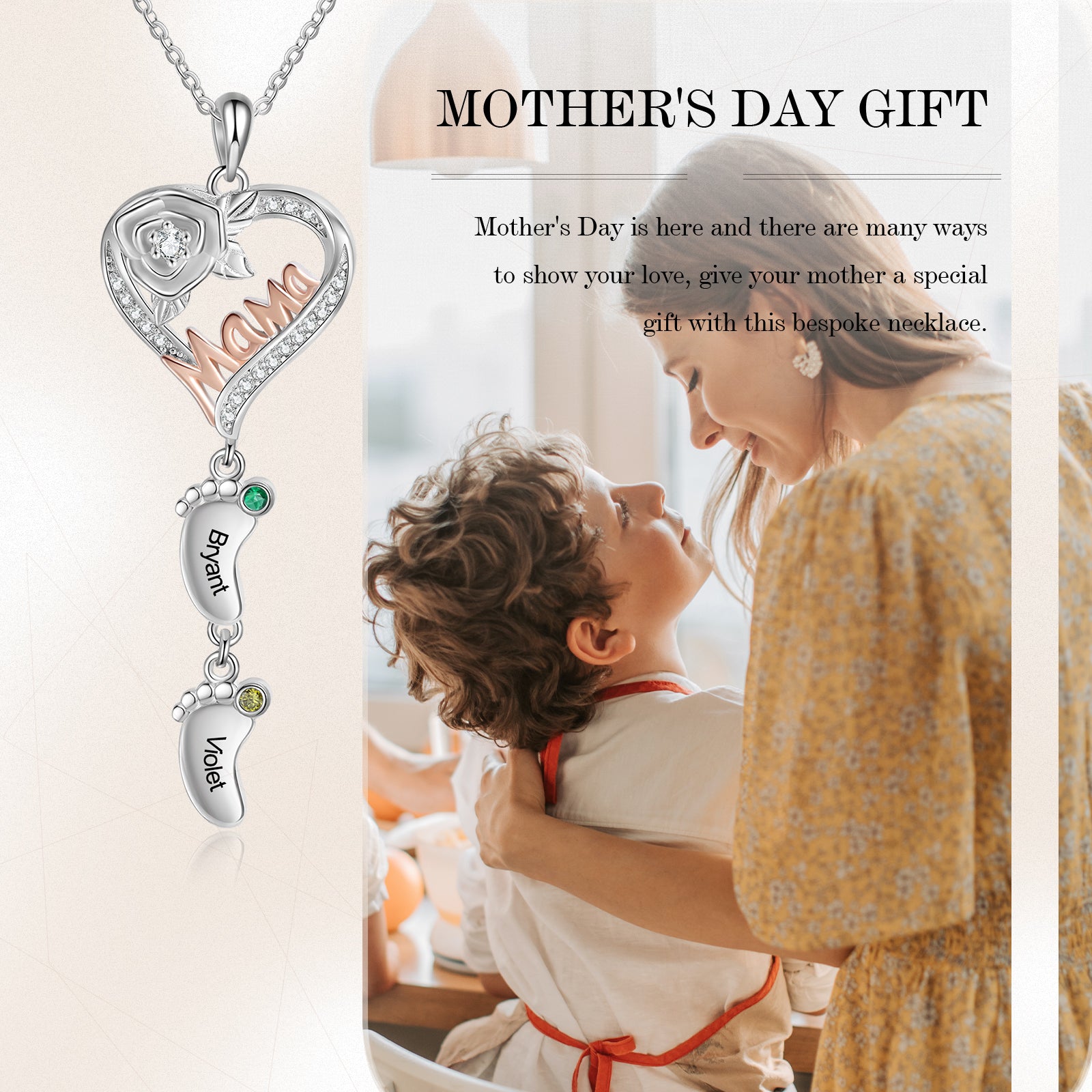 Custom Mama and Heart Necklace with Baby Feet