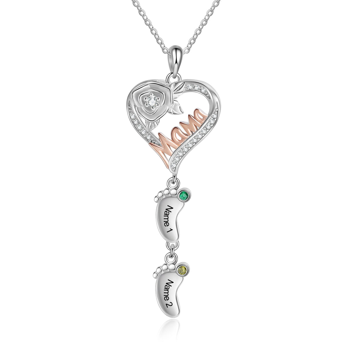 Custom Mama and Heart Necklace with Baby Feet