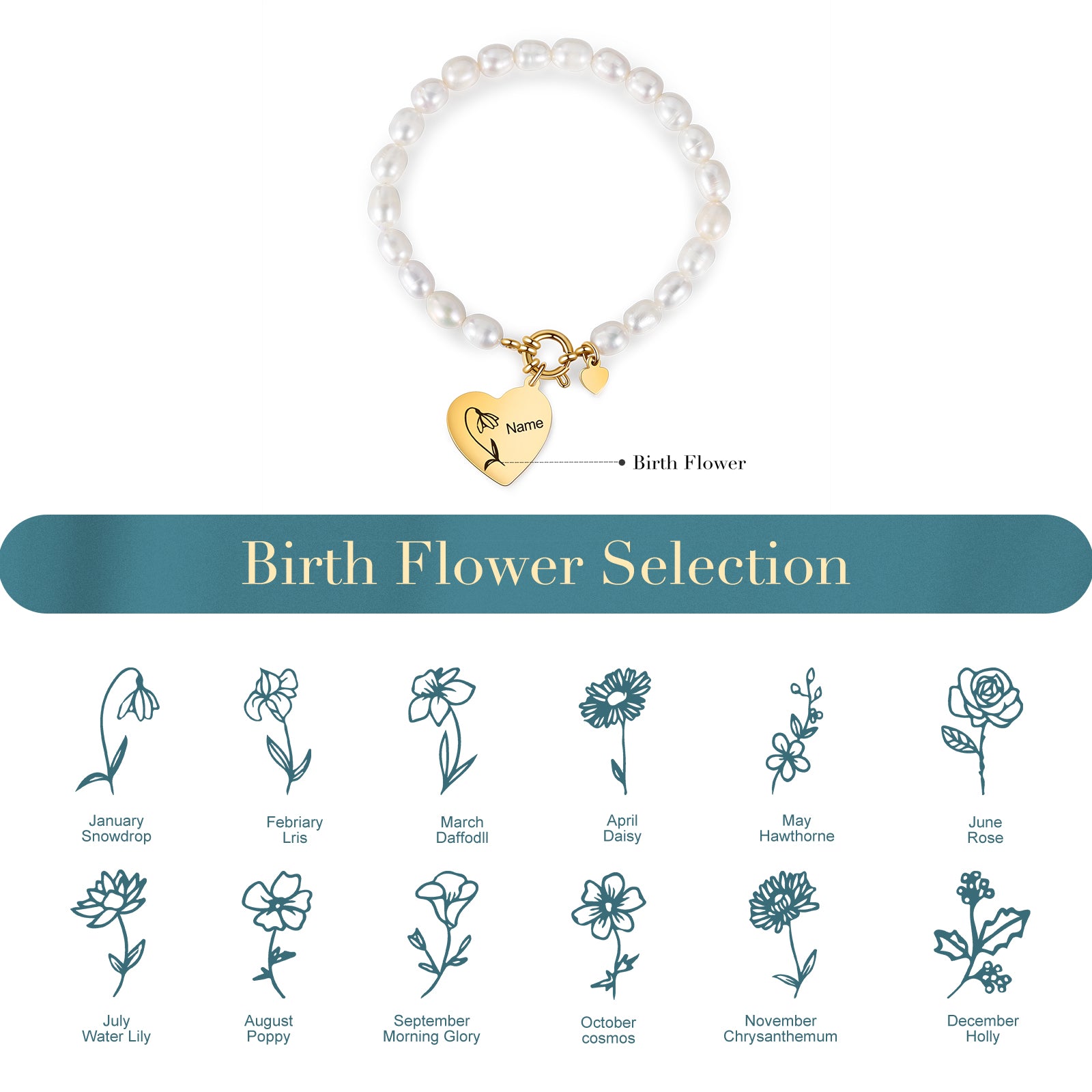 Custom Birthflower Heart Bracelet