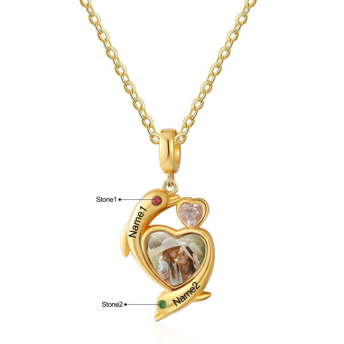 Custom Photo Heart Necklace with Dolphin