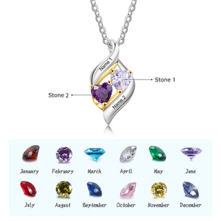 925 Silver Customized Names Two Heart Shape Birthstones Necklace