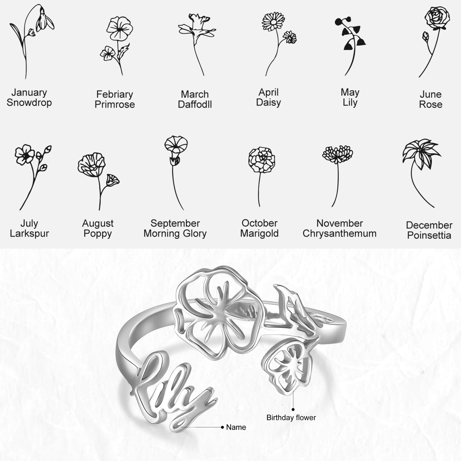 925 Sterling Silver Custom Birthflower Ring