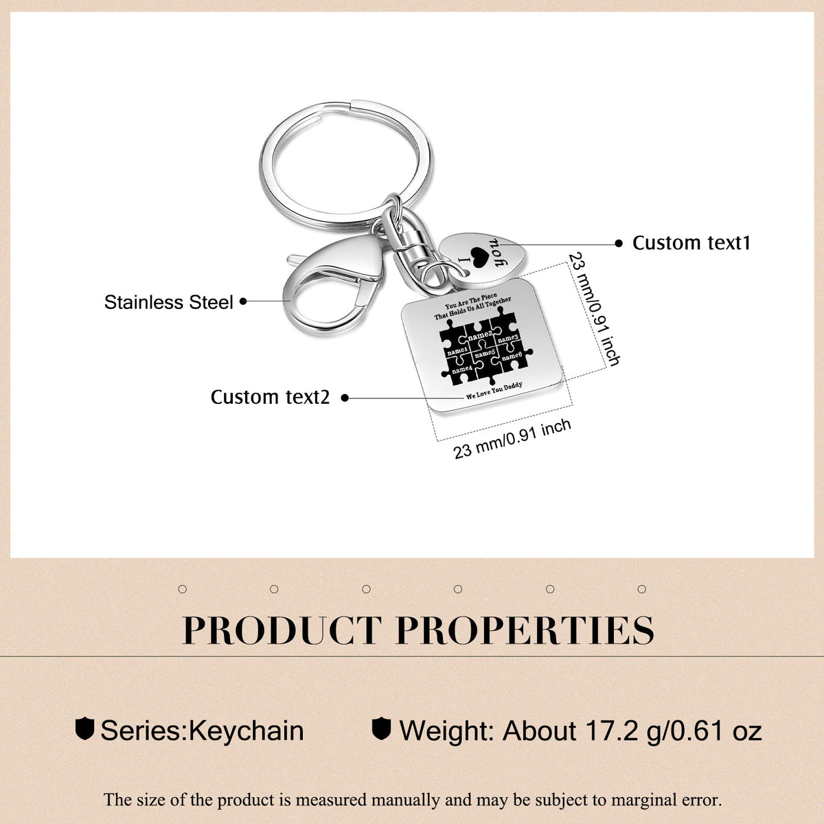 Custom Stainless Steel Keychain with Heart Charm
