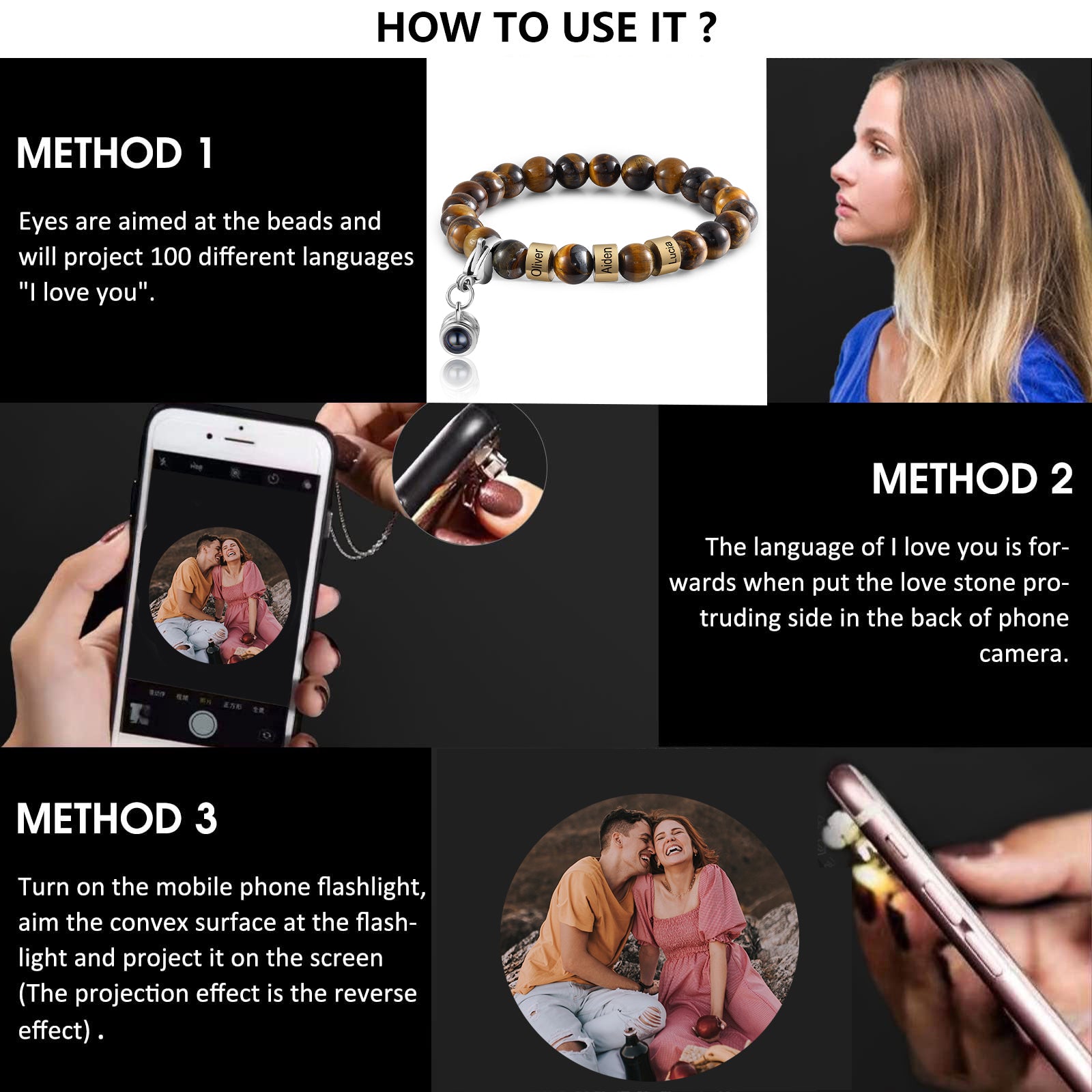 Personlized Photo Projection Tiger Eye Bracelet