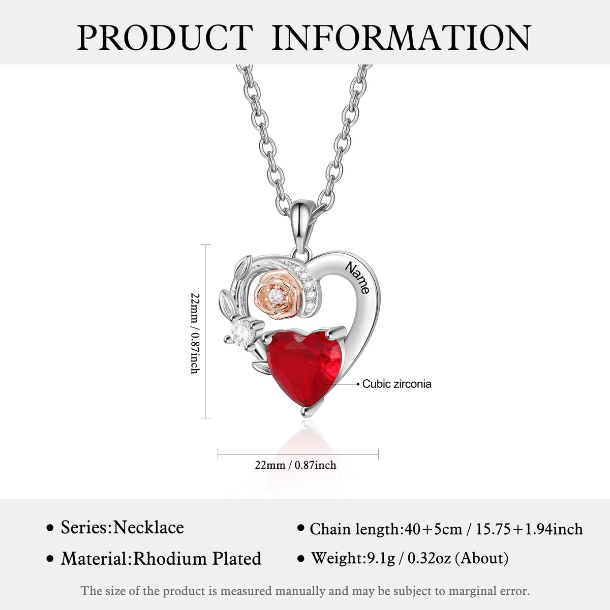 Custom Heart Necklace with Rose Flower
