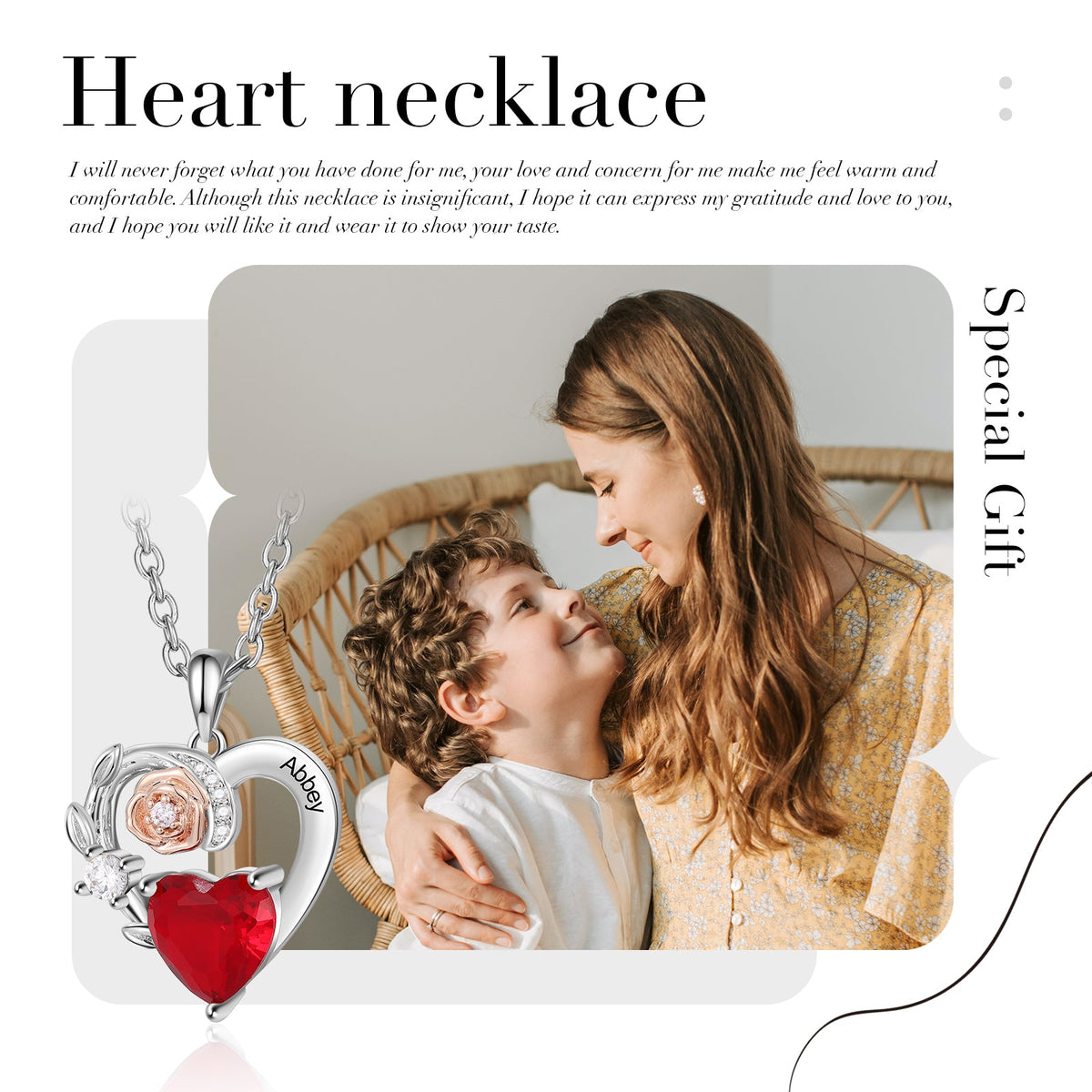 Custom Heart Necklace with Rose Flower