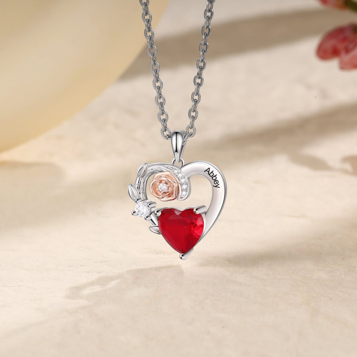 Custom Heart Necklace with Rose Flower