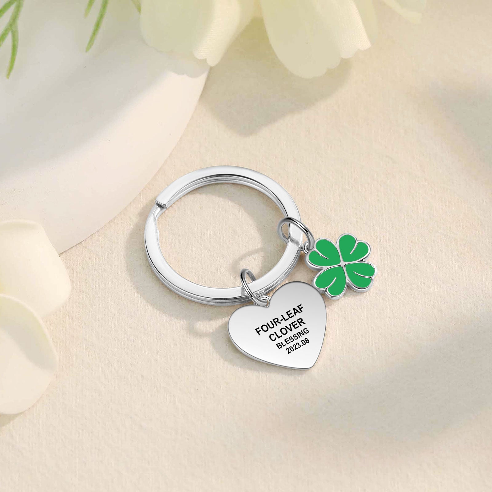 Custom Heart Four Leaf Clover Keychain