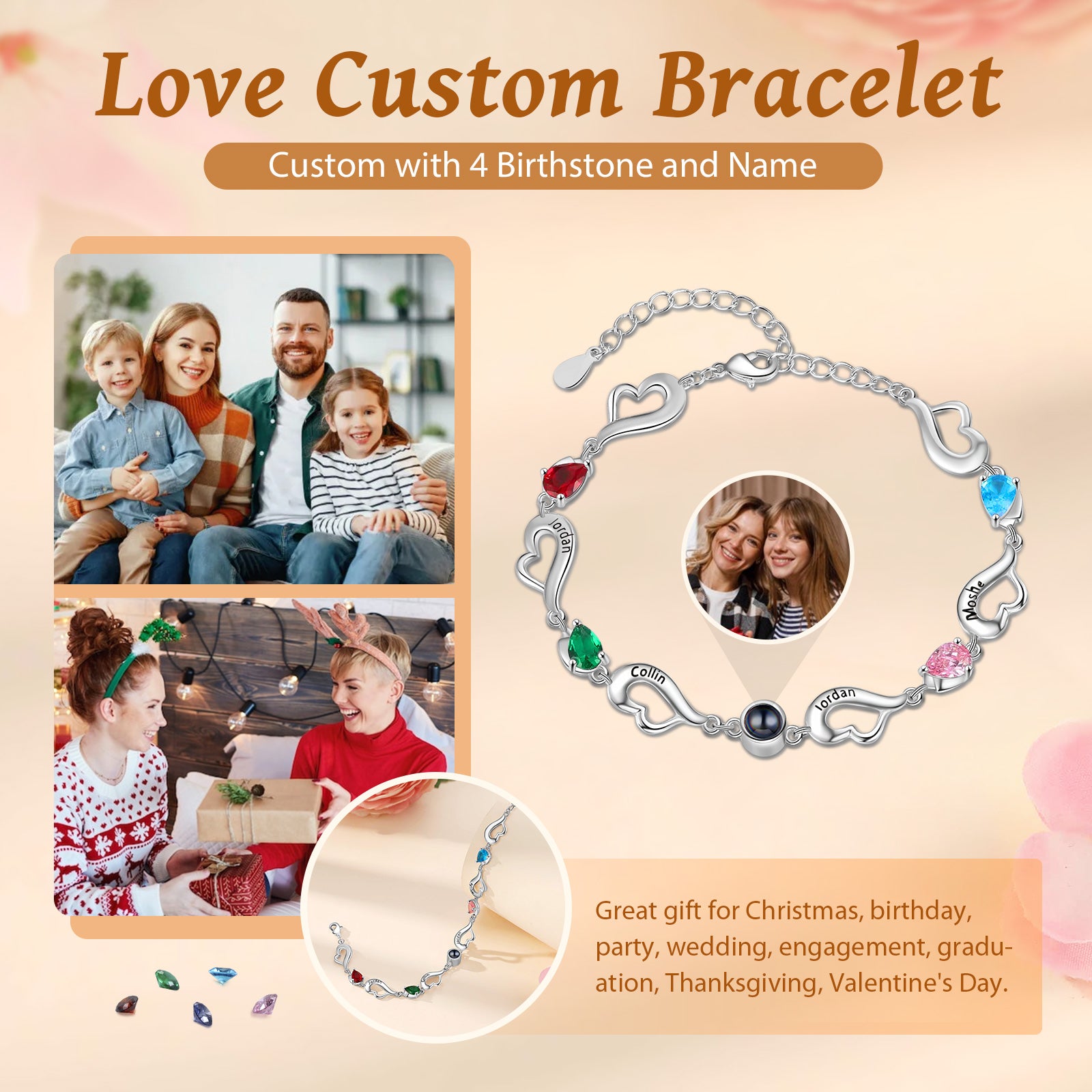 Custom Photo Birthstone Heart Bracelet