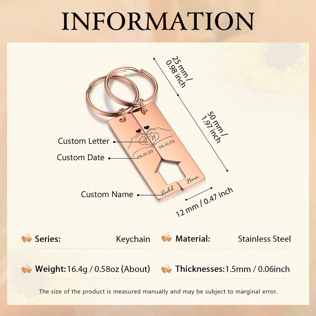 Custom Letter Stainless Steel Heart Couple Keychain