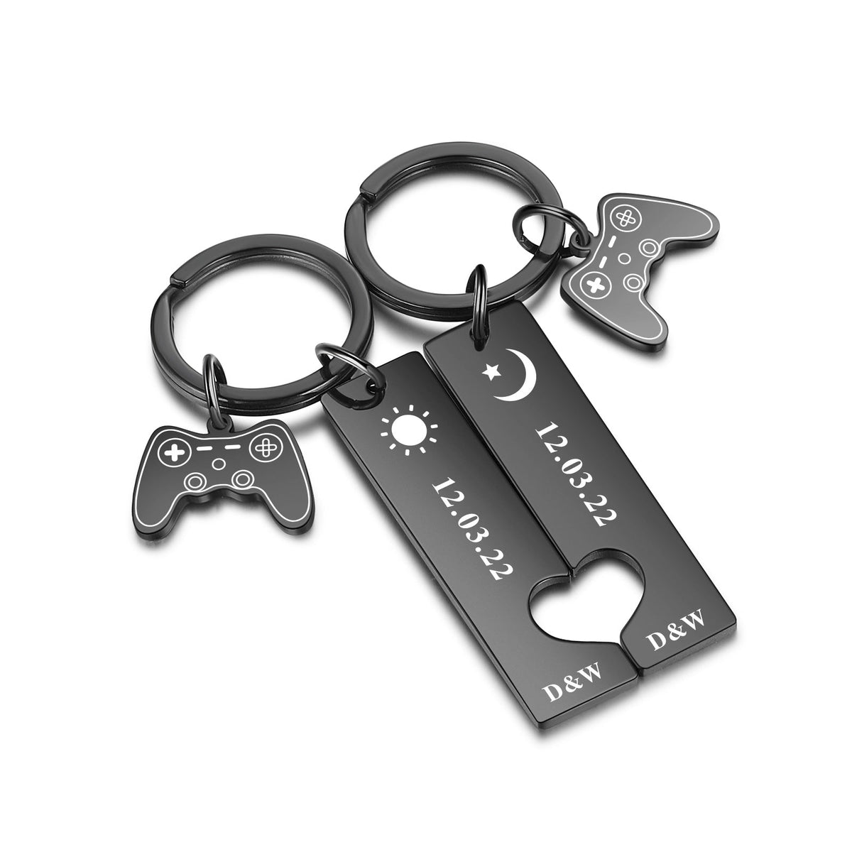 Custom Date Stainless Steel Moon and Sun Couple Keychain