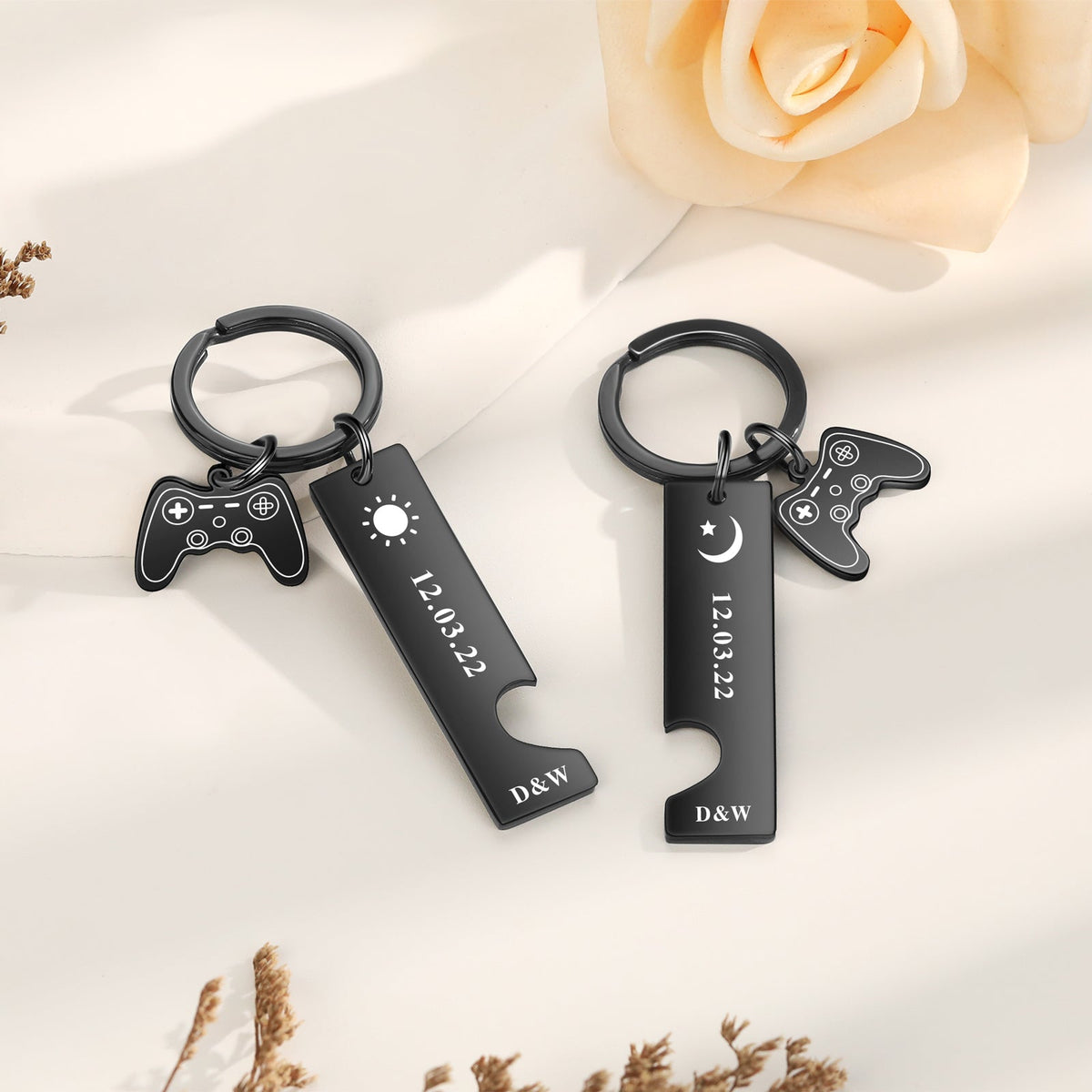 Custom Date Stainless Steel Moon and Sun Couple Keychain