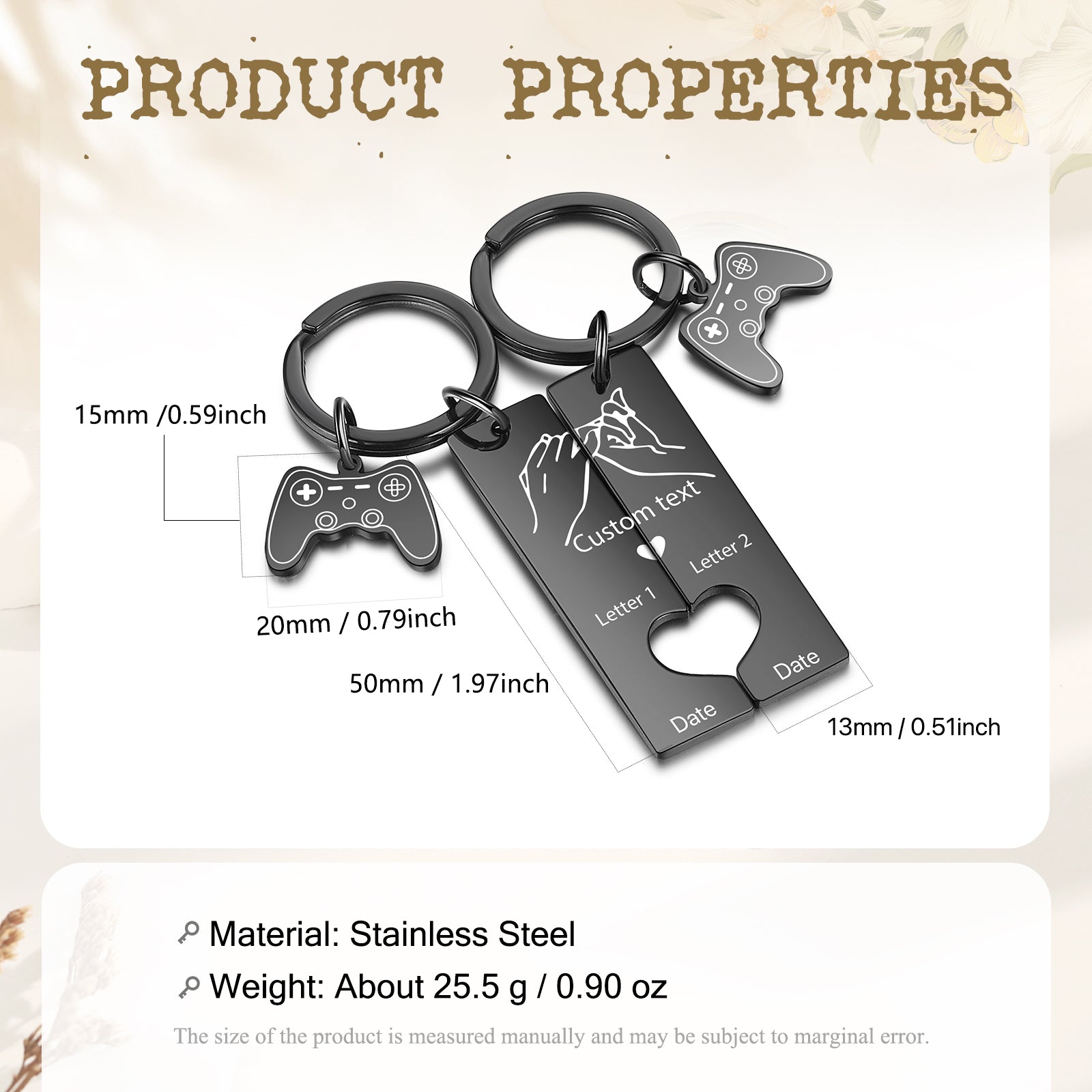 Custom Text Stainless Steel Hook pattern Couple Keychain