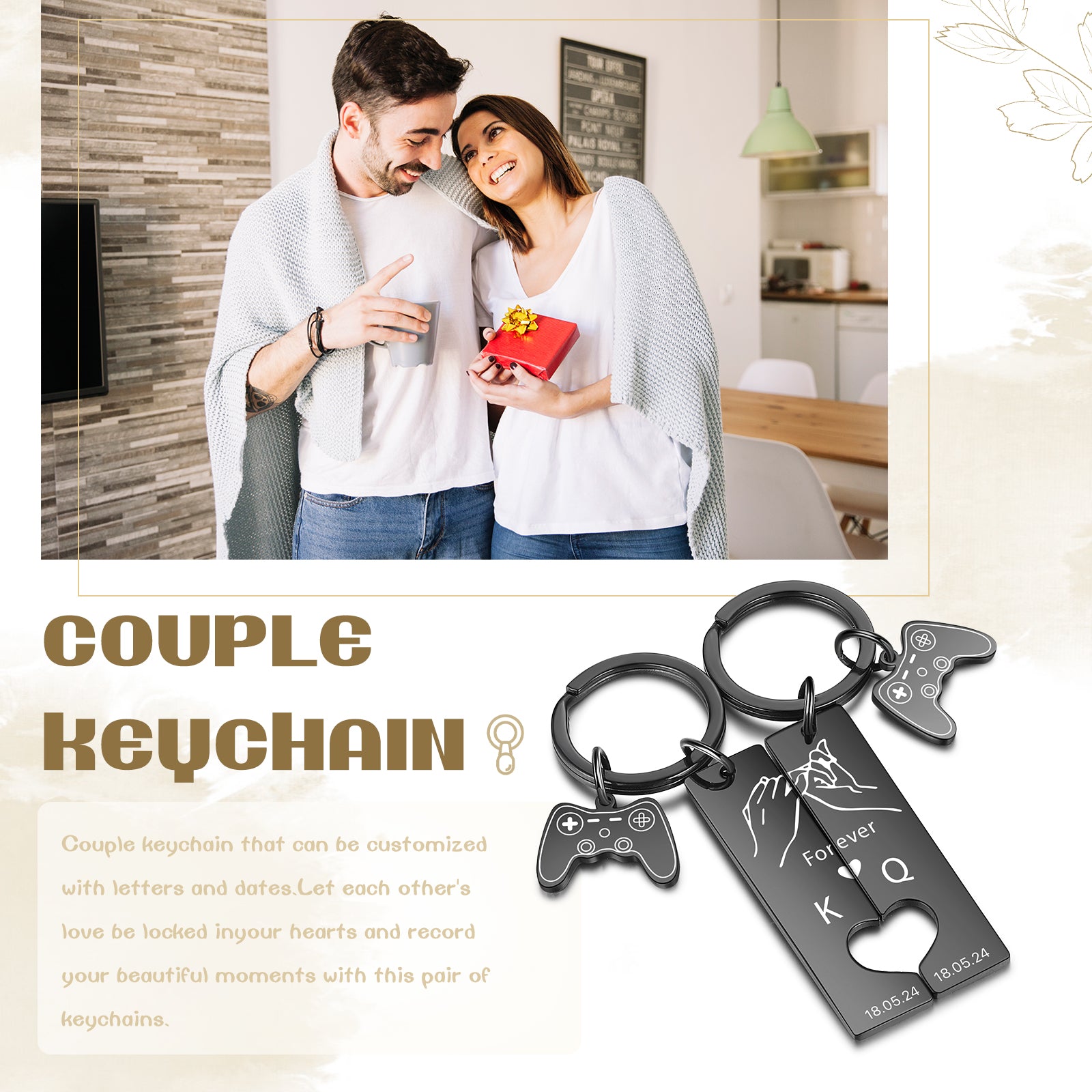Custom Text Stainless Steel Hook pattern Couple Keychain