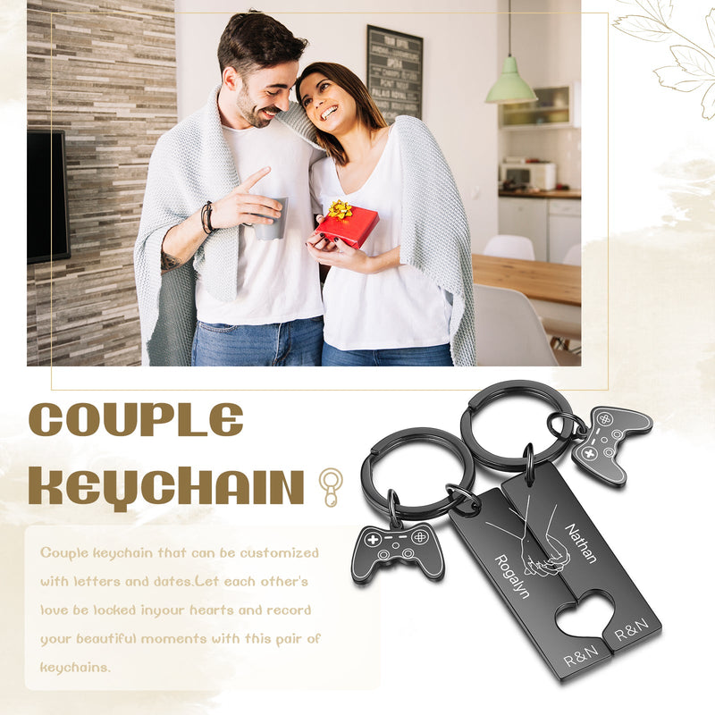 Custom Name Stainless Steel Hand Holding Pattern Couple Keychain