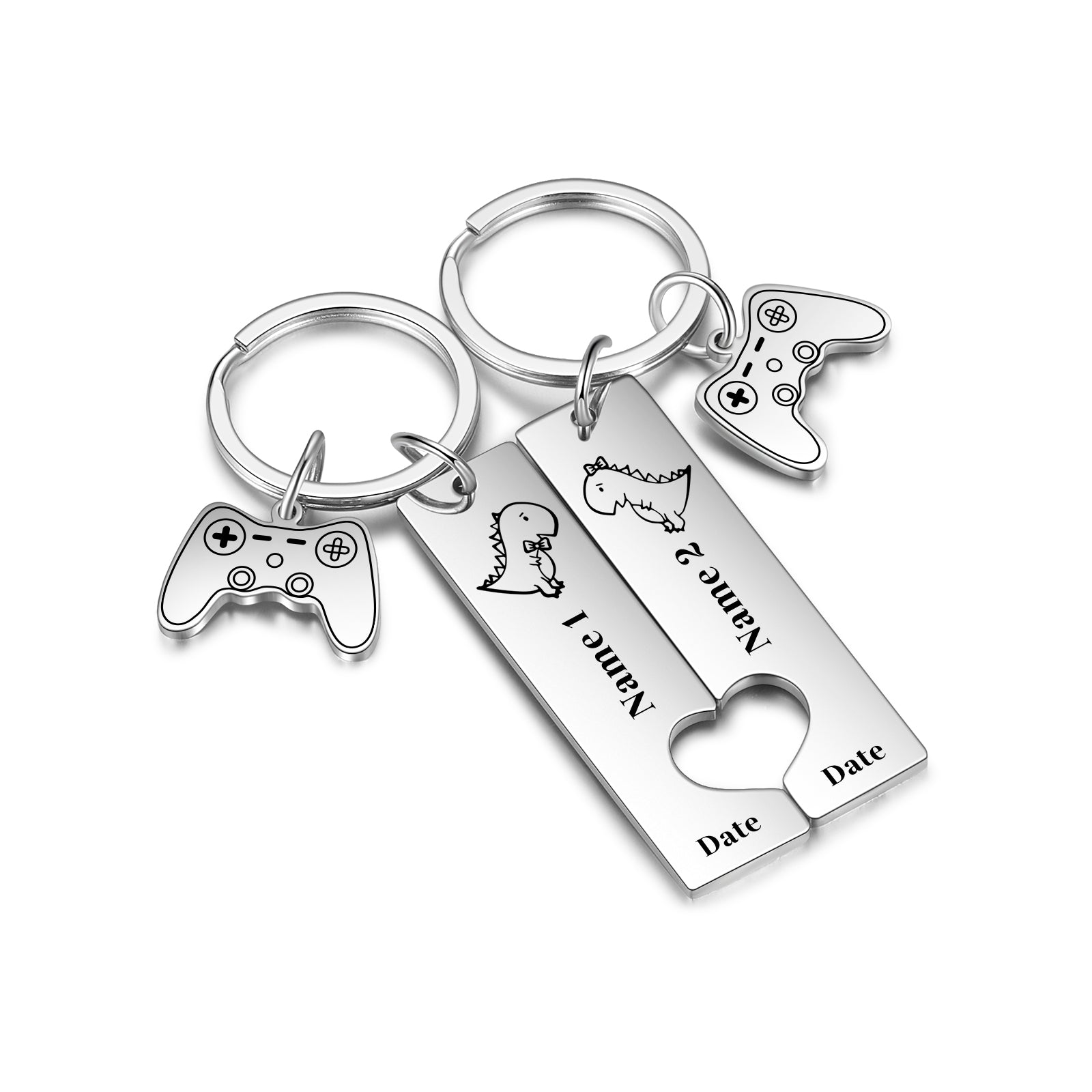 Custom Name Stainless Steel Dinosaur Pattern Couple Keychain