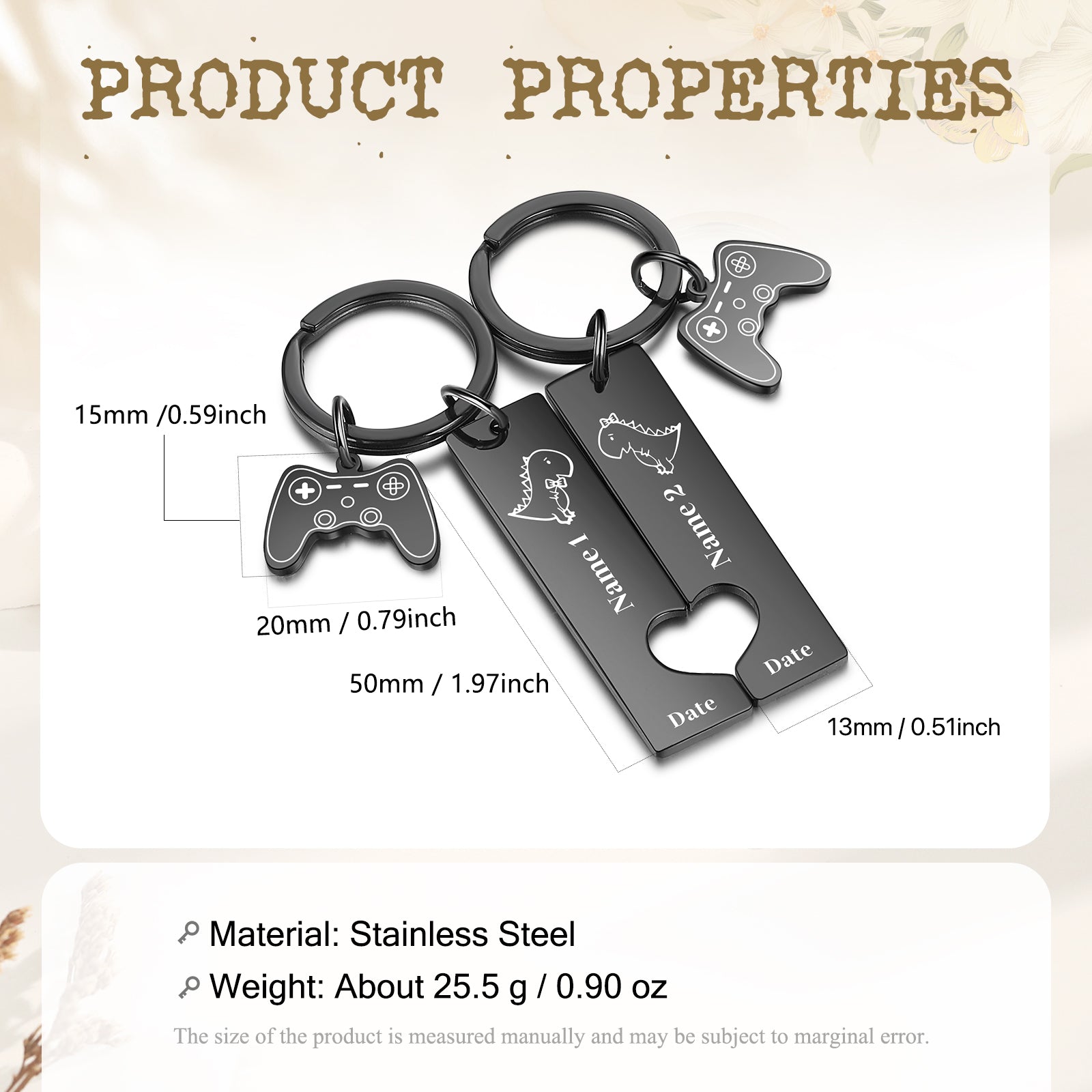 Custom Name Stainless Steel Dinosaur Pattern Couple Keychain