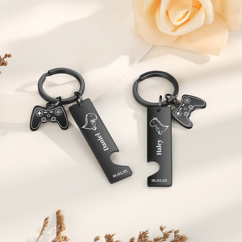 Custom Name Stainless Steel Dinosaur Pattern Couple Keychain