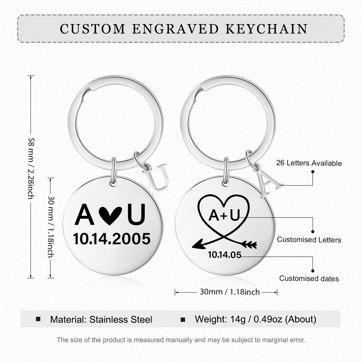 Custom Letter Stainless Steel Heart Pattern Couple Keychain