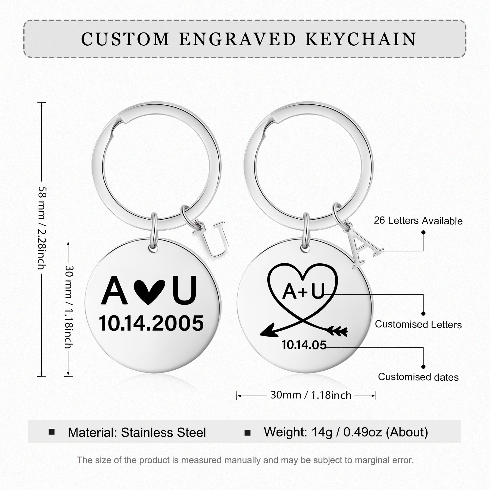 Custom Letter Stainless Steel Heart Pattern Couple Keychain