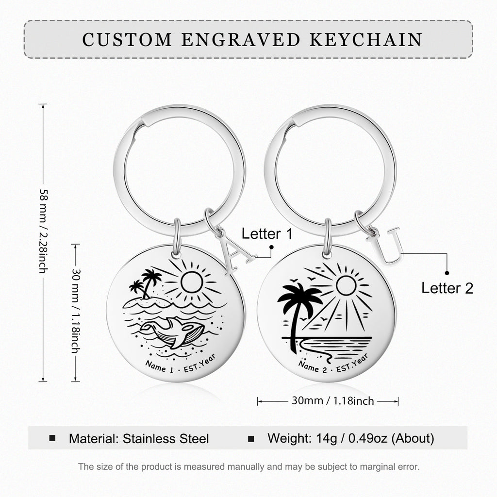 Custom Name Stainless Steel Beach Pattern Couple Keychain