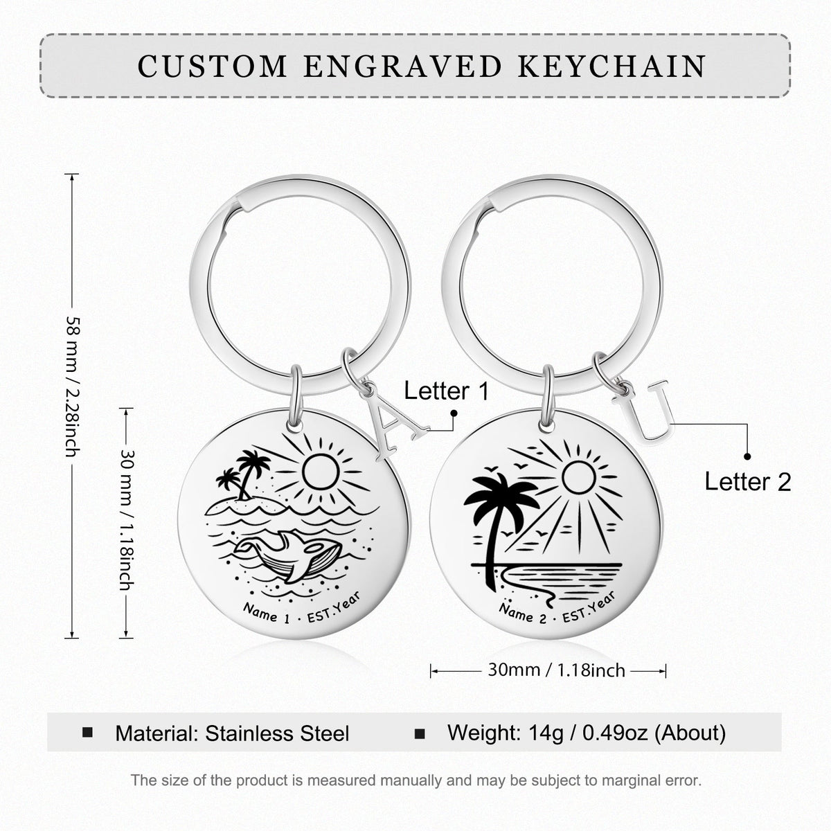 Custom Name Stainless Steel Beach Pattern Couple Keychain