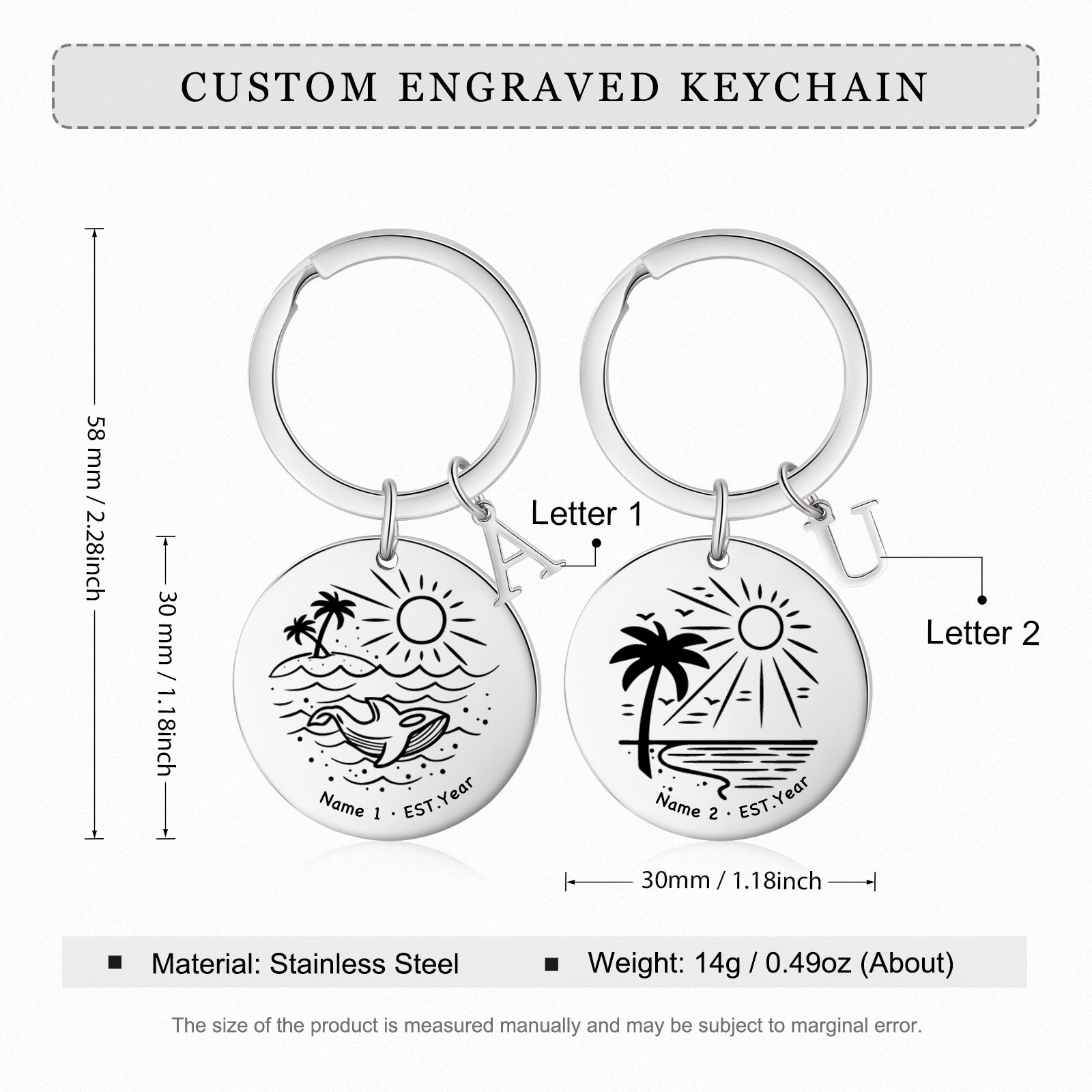 Custom Name Stainless Steel Beach Pattern Couple Keychain