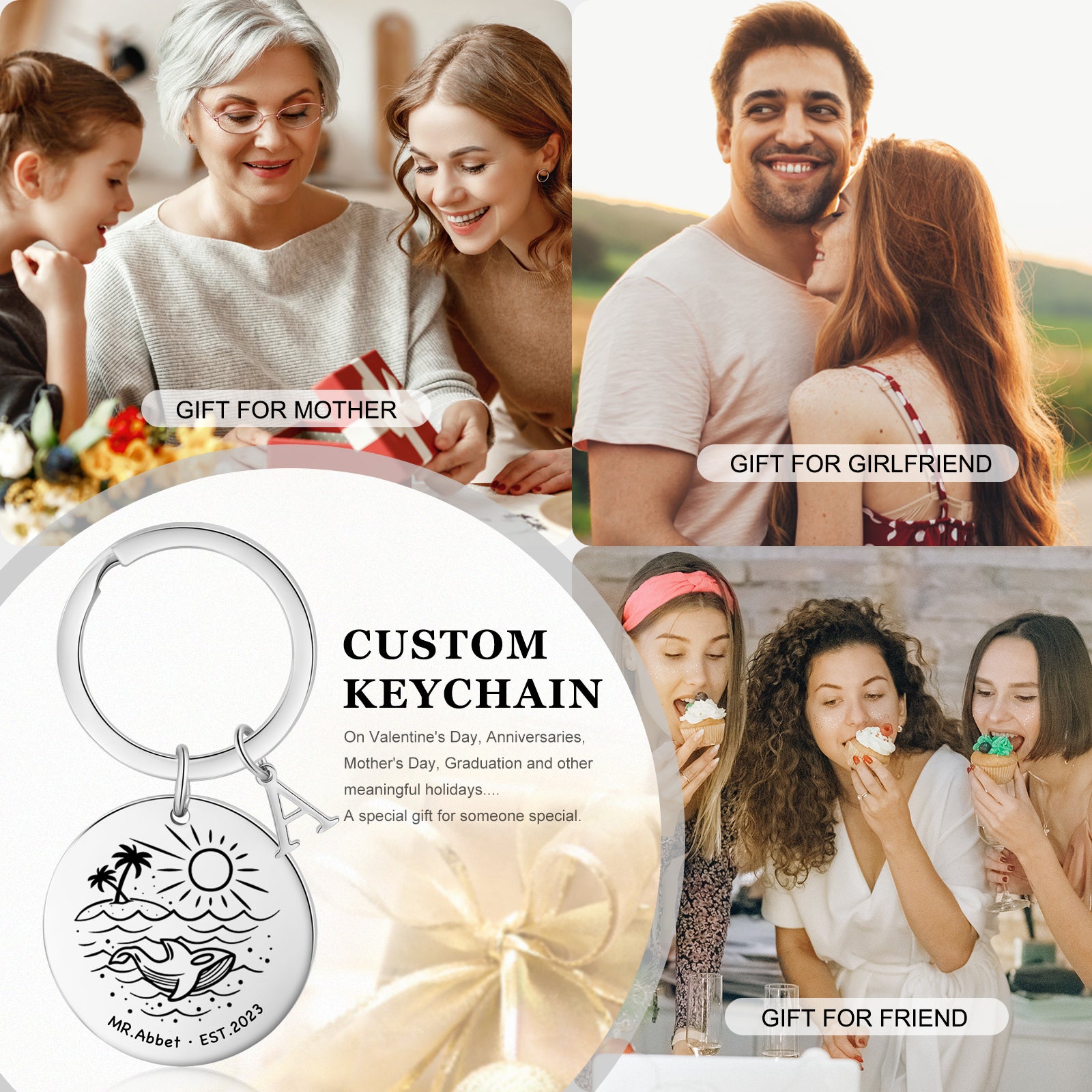 Custom Name Stainless Steel Beach Pattern Couple Keychain