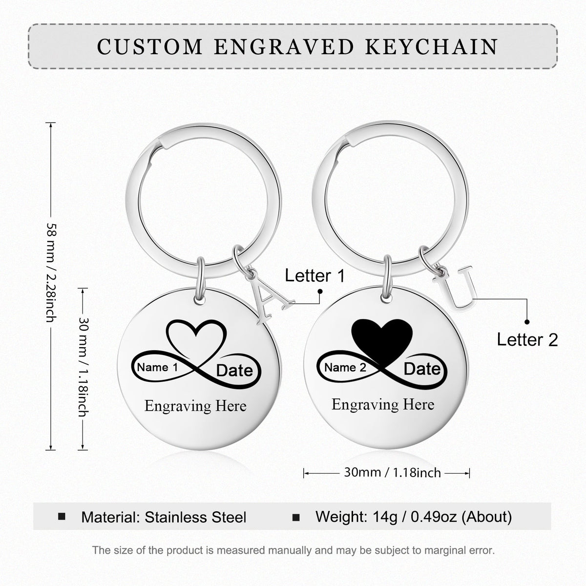 Custom Name Stainless Steel Heart Shaped Eight Character Shape Couple Keychain