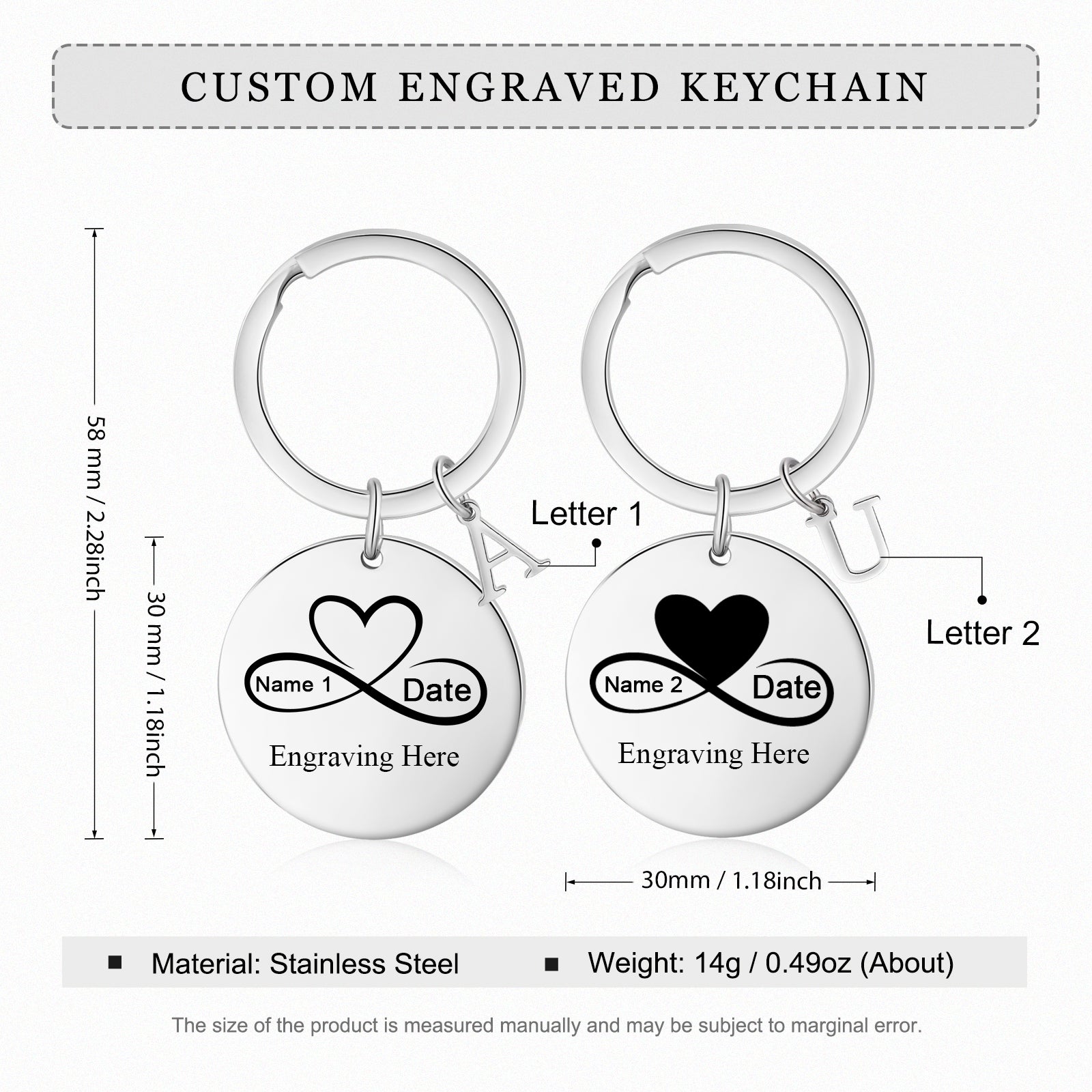 Custom Name Stainless Steel Heart Shaped Eight Character Shape Couple Keychain