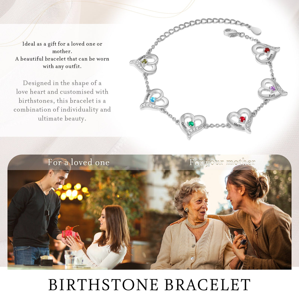 Custom Name Birthstone Women Heart Shape Bracelet