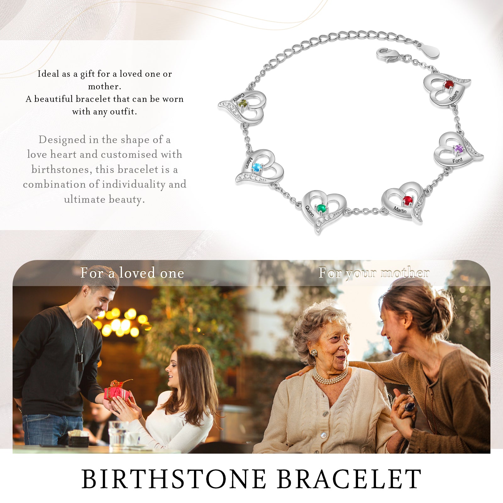 Custom Name Birthstone Women Heart Shape Bracelet