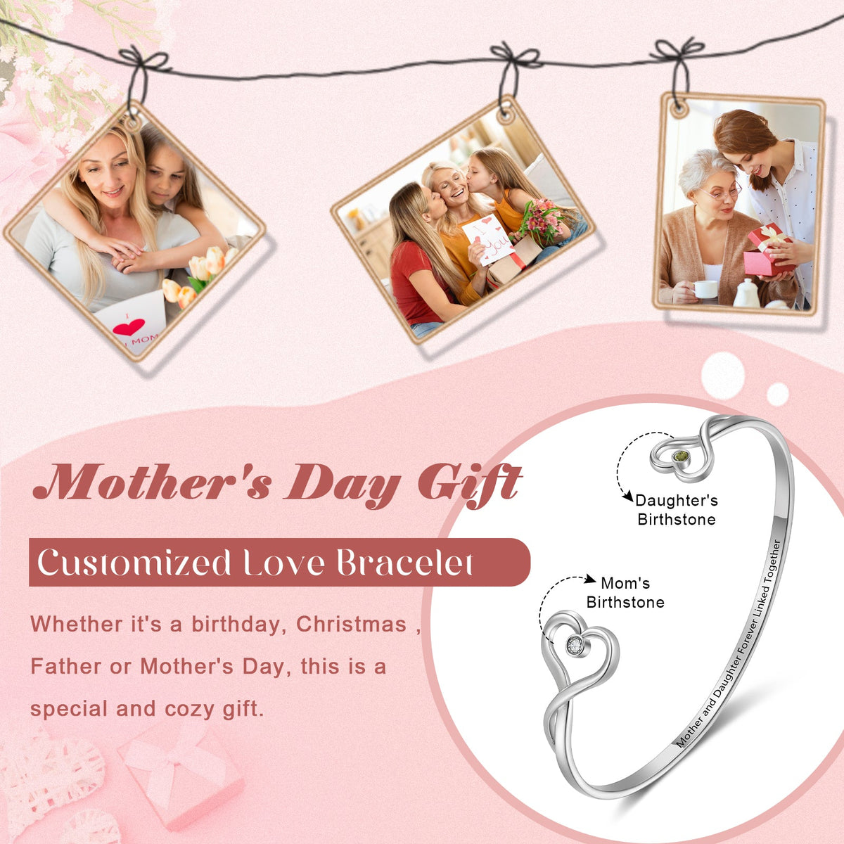 Custom Birthstone Heart Bangle