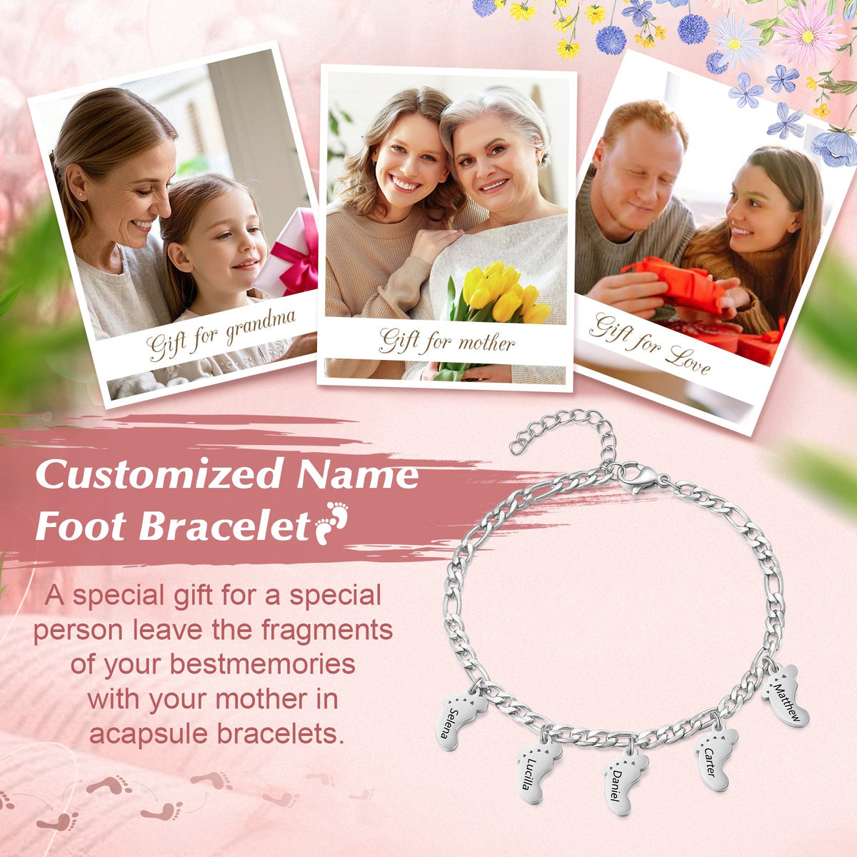Engraved Name Feet pendant Bracelet