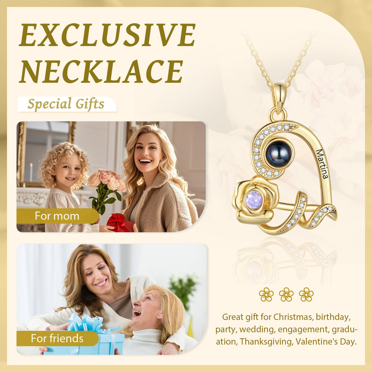 Custom Photo Projection Birthstone Necklace